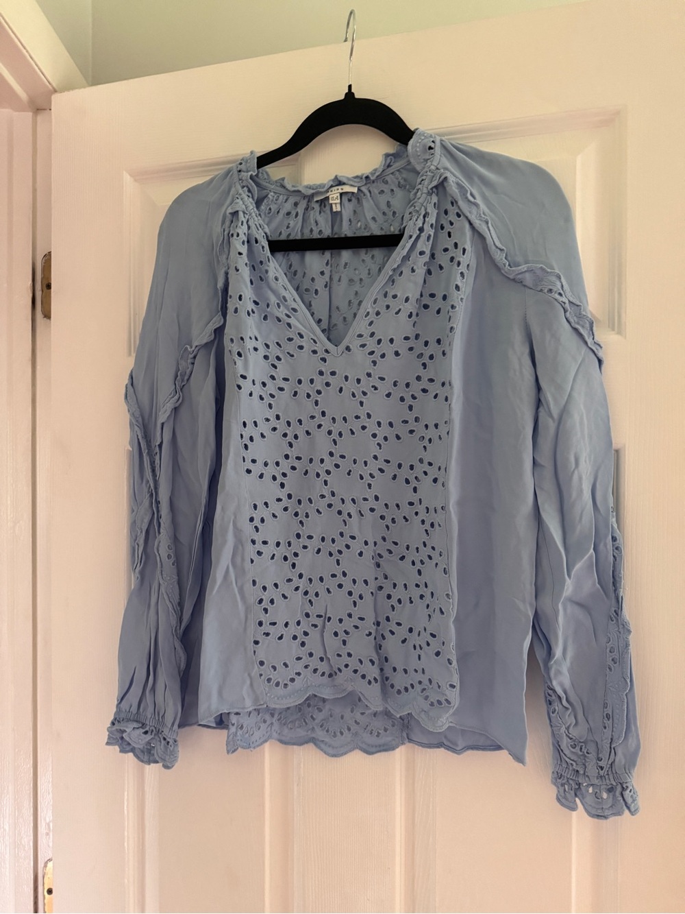 Reiss Powder Blue Eyelet V-Neck Blouse
